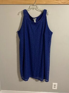 Catherines Royal Blue Sleeveless Lace Overlay Stretch Knit Shift Beaded Dress 4X